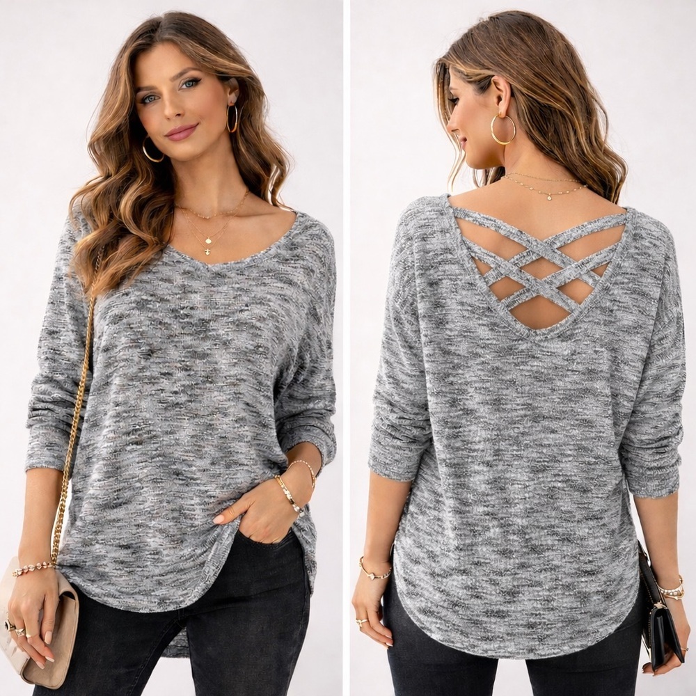 Express Gray Long Sleeve Top with Crisscross Back